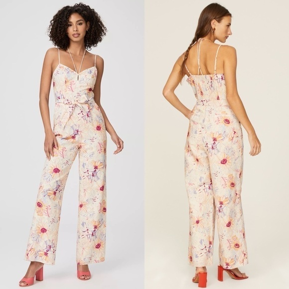 PAIGE X LIBERTY Floral Linen Sleeveless Belted Tie Neck Wide Leg Jumpsuit 4 - Picture 8 of 13